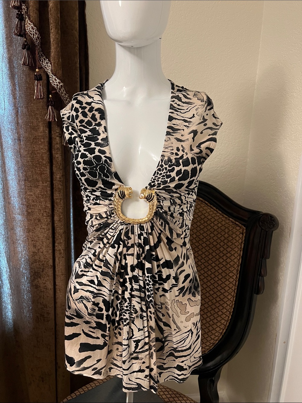 Sky Animal Print Plunging Neck Top with Gold Ring Detail